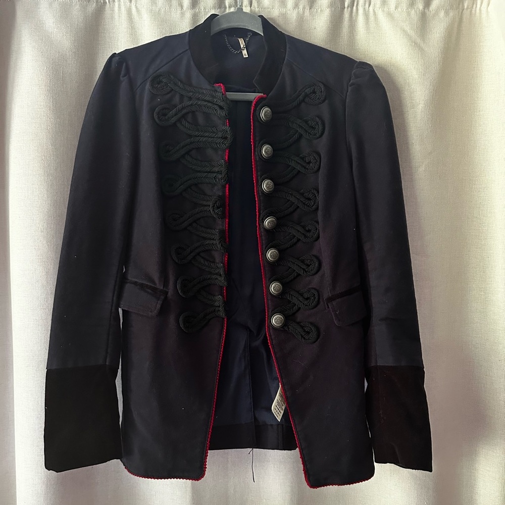 Free People Black Pea Coat with Red Trim